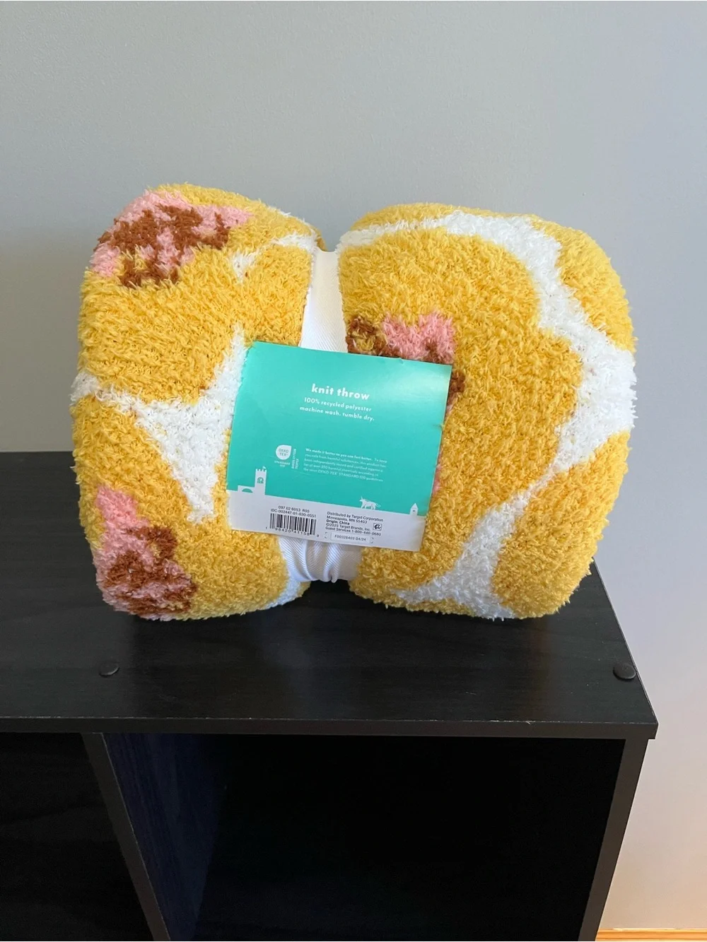 Pillowfort Yellow Plush Knit Throw with Pink White and Maroon Flower Accents